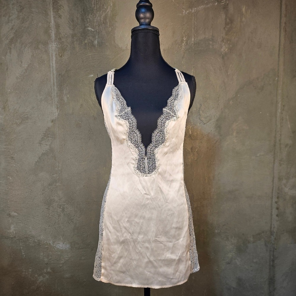 Victorias Secret S Cream Black Lace Trim Cami Office Siren Slip Dress Satin‎ Top
